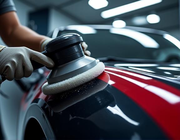 Professional detailing technician using an orbital polisher on a car's paint.